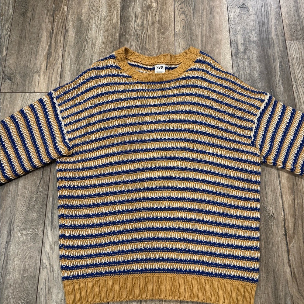 Men’s Zara Striped Blue White Beige Wool Knitted Sweater Size XL